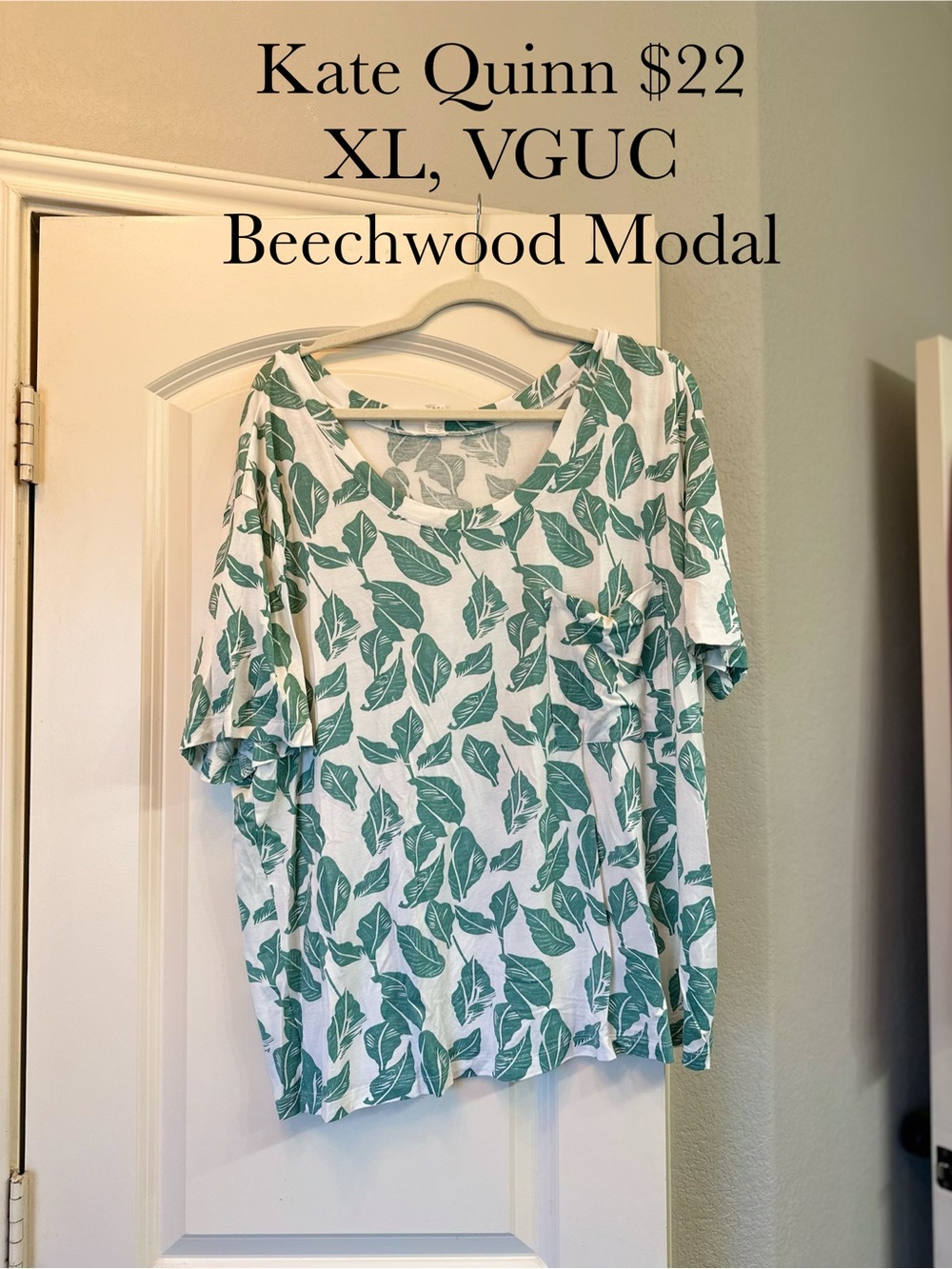 kate quinn White Top with Green Leaf Print - Short Sleeve
